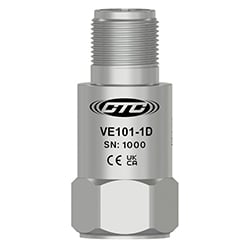 A stainless steel, standard size, top exit VE101 piezo velocity vibration sensor, engraved with the CTC Line logo, part number, serial number, and CE and UKCA certification markings.